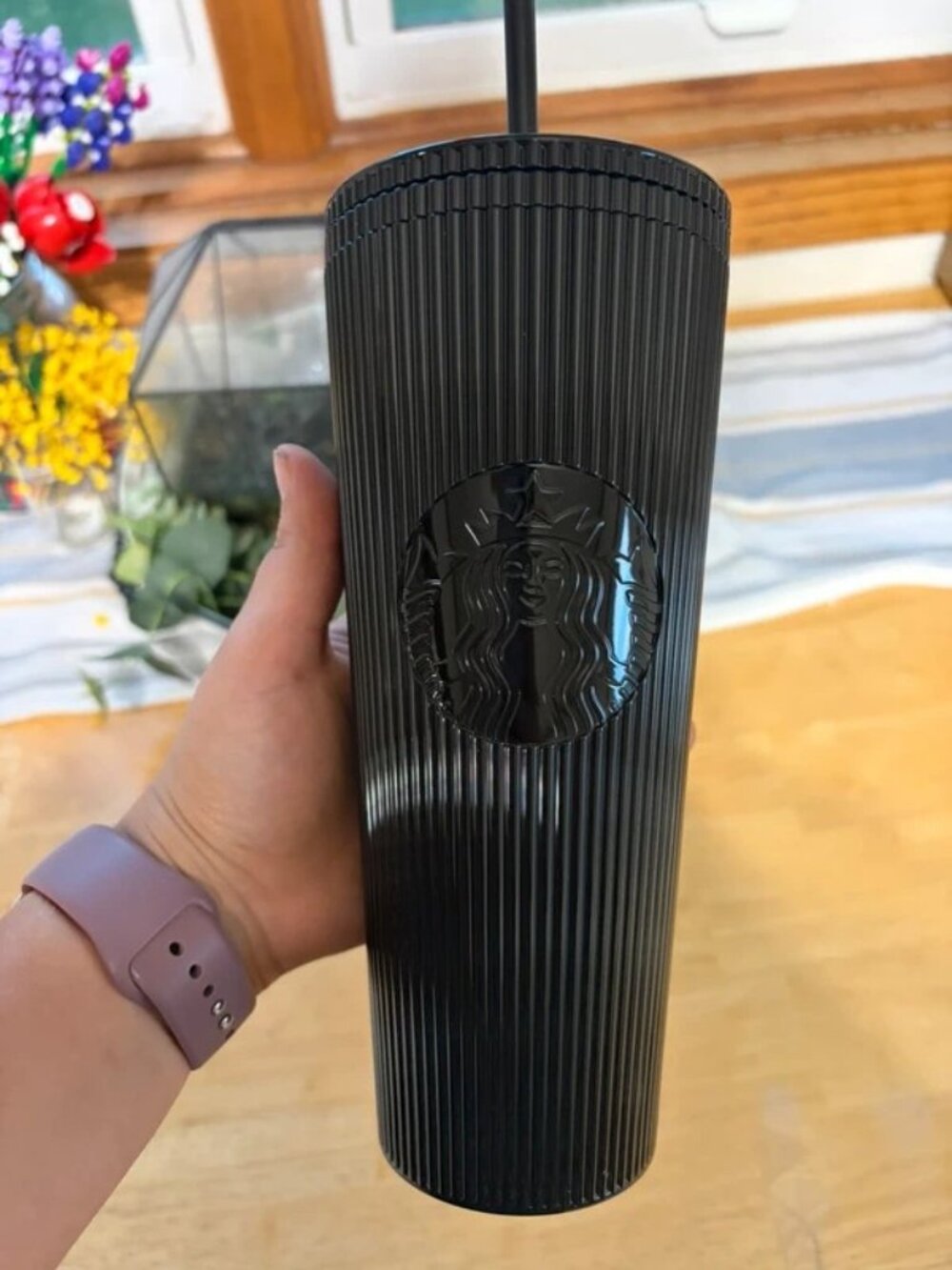 Starbucks 24oz Black Metallic Ribbed Tumbler